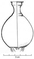 BLS-4028 - Balsamaire piriformebronzeBalsamaire à corps ovoïde et col étranglé, lèvre horizontale; léger pourrelet sur l'épaule ; présence d'une anse rapportée ? fond plat avec cercles concentriques.
