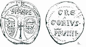 BUL-9073 - Bulle pontificaleplombTPQ : 1227 - TAQ : 1241Disque épais en plomb, perforé pour le passage de rubans, et frappé au nom du pape émetteur : sur une face, les têtes schématisées de Pierre et Paul, SPA - SPE ; au revers : GRE / GORIVS / PP.VIIII (Grégoire IX, pape de 1227 à 1241).