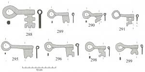 CLE-6009 - Clé enroulée à mouvement rotatifferClé forgée à partir d'un tôle martelée, repliée en tube pour former la tige, et prolongée latéralement à son extrémité distale pour former un panneton découpé.