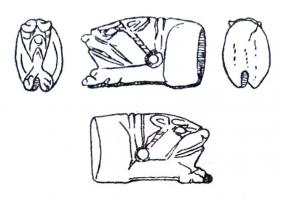 CNF-4017 - Canif : fauve couchéos, ferTPQ : 1 - TAQ : 300Canif à manche sculpté représentant un protome de fauve couché, la tête posée entre les pattes antérieures.