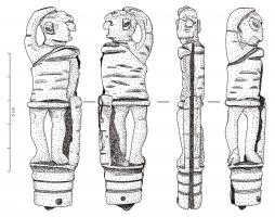 CNF-4079 - Canif : personnage debout (Thrace ?fer, osTPQ : 1 - TAQ : 250Canif à manche sculpté représentant un personnage debout (appuyé à droite sur un bâton ?), vêtu d'une tunique courte et touchant son crâne avec sa main droite : gladiateur Thrace ?