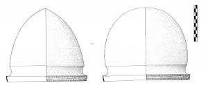 CSQ-3023 - Casque de type NegaubronzeTPQ : -550 - TAQ : -400Casque en bronze dont le timbre est marqué d'une carène longitudinale (D. 214/232mm ; H. 202mm ; épaisseur du timbre : 0,4mm ; épaisseur au bord : 3mm). Le cimier est absent, mais les perforations observables sur le sommet du timbre et aux extrémités de la crête indiquent que celui-ci pouvait être en matiere périssable (crin de cheval ?). La seule partie décorée du casque se trouve à sa base et consiste en deux rangées superposées d'oves poinçonnés, séparées par des stries parallèles. Une bande concave, faisant le tour du casque, s'intercale entre le rebord orné et le timbre.