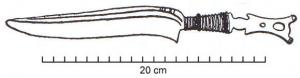 CTO-1029 - Couteau à manche massifbronzeCouteau à poignée fondue avec la lame dont l'extrémité évoque les épées à antennes ; net décrochement entre le manche mouluré et la lame à dos arqué. 