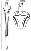 EPE-1003 - Épée à languette large : type Tréboul-Saint-BrandanbronzeTPQ : -1550 - TAQ : -1400Epée à pommeau elliptique, bordé d'un méplat ; fusée creuse percée de six trous de rivet ; garde plate, arquée, percée de 4 à 8 trous de rivet disposés symétriquement par rapport à l'axe. La lame est constituée en partie proximale, d'une large languette arquée, percée de trous correspondant à la garde, les tranchants sont concaves, les plats portent un bourrelet axial, s'élargissant vers le talon. Ce bourrelet, bordé de stries, se termine au tiers distal de la lame.
