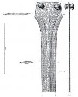 EPE-1005 - Épée à languette trapézoïdalebronzeEpée à languette trapézoïdale percée de 2 trous de rivet. La lame, de largeur moyenne, présente un bourrelet axial assez étroit.