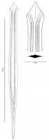 EPE-1028 - Épée de type Monza (apparentée)bronzeTPQ : -1150 - TAQ : -1050Epée à soie plate triangulaire terminée par une amorce de languette ; lame de section losangique, pistilliforme à pointe étroite et arête médiane arrondie ; décor de huit filets parallèles divergents vers la soie, où ils sont prolongés par des lignes de pointillés.