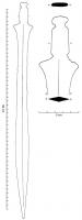 EPE-1030 - Épée de type BallintoberbronzeTPQ : -1300 - TAQ : -1050Épée à soie plate formée d'une languette rectangulaire à quatre encoches : lame pistilliforme très élargie au niveau de la garde, de section losangique devenant elliptique vers la pointe.