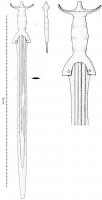 EPE-1041 - Épée à antennes : type TarquiniabronzeEpée à courte lame rectiligne, de section lenticulaire, décorée de filets gravés ; la garde est échancrée et porte deux rivets de fixation de la poignée ; fusée à trois bourrelets adoucis et large pommeau caractérisé par 2 antennes écartées, recourbées ou enroulées et surmonté d'un bouton conique.