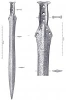 EPE-1059 - Epée à languette tripartite : type d'HemigkofenbronzeEpée à poignée composée d'une languette plate à légers rebords dont le sommet est terminé par deux 