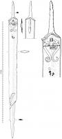 EPE-3009 - Épée celtiqueferEpée celtique à fourreau décoré (lyre zoomorphe). La lame a une section losangique, la pointe est progressivement effilée ; soie plate séparée de la lame par des épaulements obliques, garde en 