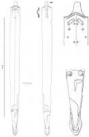 EPE-3015 - Épée celtiqueferEpée celtique à lame losangique et arêtes médianes marquées de deux traits gravés, et fourreau décoré : animaux fantastiques affrontés ; le décor est souligné de rivets ; bouterolle ajourée à barrette portant deux médaillons à l'avers.