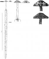 EPE-5004 - Épée de type Ersenach-SontheimferÉpée dont la lame porte une large gouttière médiane, damassée en demi-chevron et filets, en alternance ; pommeau triangulaire orné d'incrustations d'argent, avec comme motif central une croix, différente sur chaque face.