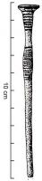 EPG-1037 - Épingle à renflement fusiforme non perforé: type d'OstwaldbronzeTPQ : -1350 - TAQ : -1250Epingle à tête évasée; plate ou légèrement convexe, ornée de nervures horizontales; col lisse; renflement fusiforme orné de stries ou nervures horizontales.