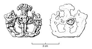 ESP-8003 - Enseigne de pèlerinage : Saint Edmond ?cuivreEnseigne de pèlerinage ajourée : scène du mort du Saint Edmond (probablement), attaché à un arbre, par des archers, l'un de chaque côté