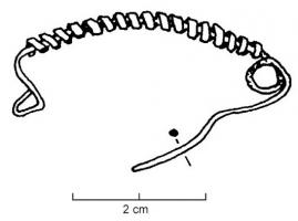 FIB-1001 - Fibule en archet de violonbronzeTPQ : -1000 - TAQ : -850Fibule à arc filiforme très tendu orné d'un fil en spirale enroulé par dessus; ressort unilatéral à 1 spire ; porte-ardillon constitué du même fil, formant la gouttière et enfin replié vers l'arc.