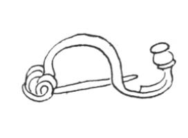 FIB-2020 - Fibule à pied redressébronzeFibule à arc cintré de section circulaire; pied relevé terminé par un bouton cylindrique mouluré; ressort à quatre spires et corde externe.