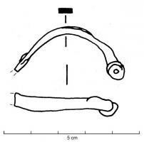 FIB-2080 - Fibule type Golfe du Lion, Tendille 3c/dferFibule à pied redressé et bouton conique ; arc plat losangique ou foliacé ; ressort de type inconnu.