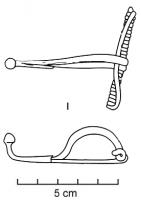 FIB-2531 - Fibule type Golfe du Lion, Tendille 4dferTPQ : -600 - TAQ : -475Fibule à pied redressé et bouton conique ; arc de secion ovale, ronde ou semi-ovale ; ressort long en arbalète.