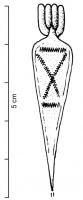FIB-3058 - Fibule de Nauheim 5a44bronzeRessort à 4 spires et corde interne ; arc plat, triangulaire et tendu ; porte-ardillon trapézoïdal ajouré ; arc orné de plusieurs lignes 