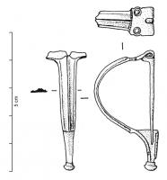FIB-4026 - Fibule de type AucissabronzeTPQ : -20 - TAQ : 10Fibule d'Aucissa précoce, comportant un arc de section variable (parfois massif, ou mouluré), une charnière repliée vers l'intérieur, un pied tendu ou légèrement concave (angle obtus), un bouton terminal plat ou mouluré.