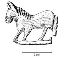 FIB-41299 - Fibule zoomorphe : chevalbronzeTPQ : 100 - TAQ : 250Fibule zoomorphe en forme de cheval à gauche, barre entre les 4 pattes figurées, queue verticale collée aux pattes et corps lisse; la crinière est indiquée par des incisions parallèles.