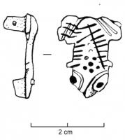 FIB-4161 - Fibule zoomorphe : grenouillebronzeTPQ : 60 - TAQ : 120Fibule en forme de grenouille, de style réaliste, non émaillée mais ornée de traits parallèles incrustés de nielle.