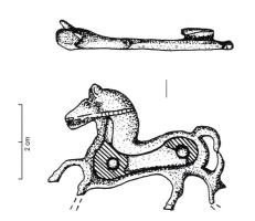 FIB-41900 - Fibule zoomorphe : chevalbronzeFibule en forme de cheval à gauche, stylisé ; le décor consiste en pastilles d'émail dispersées sur le corps, l'encolure et l'arrière-train.