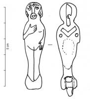 FIB-4608 - Fibule anthropomorphebronzeFibule en forme de femme nue, debout, les pieds joints : Vénus pudique, portant une main à son sein et tendant l'autre vers son bas-ventre.