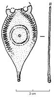 FRT-4008 - Ferret de ceinturebronzeTPQ : 350 - TAQ : 420Ferret coulé, en forme d'amphore, en tôle légère (petit lest mouluré à la base); anses ajourées de cercles; au centre, ensemble de cercles concentriques, parfois complété par une bordure 