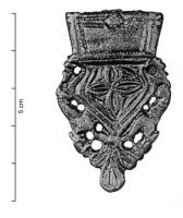 FRT-4020 - Ferret de ceinturebronzeFerret trapu, à large plaque trapézoïdale fendue au sommet, équipée d'un ou deux rivets pour la fixation sur le cuir. Le corps est de forme triangulaire, avec en général un motif losangique au centre (souvent à décor excisé), deux chiens courant sur les bords et à la base un motif en bouton ou en forme de palmette.