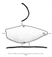IND-2004 - Applique en forme de mandorlebronzeApplique en tôle mince, de forme losangique allongée (ou mandorle), équipée de 4 trous de fixations pour un support en bois.