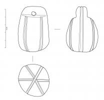 IND-3087 - Objet indéterminépierreObjet cylindrique à base arrondie. Bélière dégagée par enlèvements à petite perforation. Décor d'incisions doubles disposées selon trois méridiens.