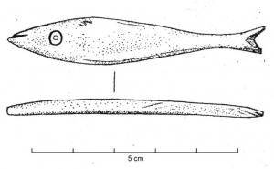 IND-4131 - PoissonosTPQ : 1 - TAQ : 300Objet plat, sans orifice de supension, en forme de poisson au corps effilé.