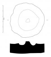 IND-9172 - Objet indéterminéferObjet discoïdal épais en fer dont le centre présente un creusement circulaire et un ombilic proéminent.