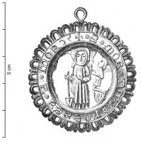 MER-7002 - Médaille religieuse : saint MaurplombTPQ : 1350 - TAQ : 1400Médaillon circulaire, entourée d'une bande d'oves : saint Maur debout, s'appuyant à droite sur une bêche, tenant un livre dans la main gauche; sur la bordure, inscription S : MOR : DES : FOSSES : S : MOR.