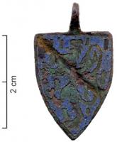 PDH-7057 - Pendant armorié : BourgognebronzePendant en forme d'écu, d'azur semé de billettes d' ..., au lion de même, brochant sur le tout.