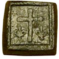 PDM-9028 - Poids monétaire : Salut d'or, Henri VI (1421-1471)bronzePoids carré, bords obliques ; sur la face supérieure, croix encdrée de deux fleurs de lis.
