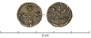 PDM-9035 - Poids monétaire : Louis XIII, quart de francbronzePoids circulaire frappé sur les deux faces : A/ croix fleuronnée chargée d’une L en cœur ; R/  II D XVIII G (2 deniers 18 grains), sous une couronne et sur un point.