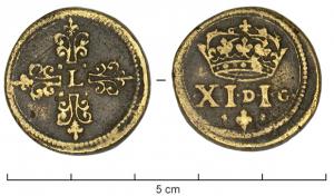 PDM-9036 - Poids monétaire : Louis XIII, francbronzePoids circulaire frappé sur les deux faces : A/ croix fleuronnée chargée d’une L en cœur ; R/  XI D I G (11deniers 1 grain), sous une couronne et sur un lis encadré de deux losanges.