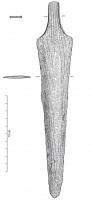 PGD-0006 - Poignard à languette de garde étroitecuivrePoignard à languette de fusée dégagée, non perforée, marquée par un épaulement ; partie tranchante à bords subrectilignes. Variété à grande lame (plus de 22 cm).