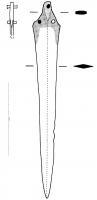 PGD-1003 - Poignard à languette subtriangulairebronzePoignard à lame de section losangique, dont le sommet forme une languette centrale sur laquelle la partie organisque du manche est généralement maintenue par trois rivets.