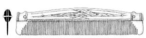 PGN-5011 - Peigne allongé à une rangée de dents (Ashby 5)osTPQ : 700 - TAQ : 850Peigne symétrique très allongé (L. souvent > 180 mm), à une seule rangée de dents, caractérisé par l\'utilisation de plaques de fixation plano-convexes, allant d\'un bord à l\'autre et épousant le dos arrondi du peigne; décor incisé. L. moyenne 200 mm.