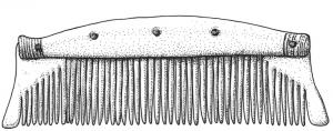 PGN-6002 - Peigne court à une rangée de dents (Ashby 6)osTPQ : 900 - TAQ : 1000Peigne court, à une rangée de dents, de symétrie et de facture soignées; les plaques de fixation à rivets de fer, effilées vers les bords, épousent le dos arrondi du peigne; la longueur des dents diminue vers les bords.