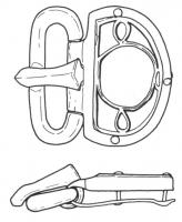 PLB-5141 - Plaque-boucle articuléebronzeTPQ : 480 - TAQ : 600Plaque-boucle à boucle très allongée, articulée sur une plaque semi-circulaire, à pierres ou verroteries serties.