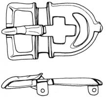 PLB-5156 - Plaque-boucle rigide de type SucidavabronzeTPQ : 540 - TAQ : 600Plaque-boucle rigide, à corps ovale allongé, percé d'un ajour en forme de croix latine, éventuellement associé à un autre ajour en forme de croissant; ocelles fréquents sur la plaque et la boucle, qui est généralement de forme rectangulaire.