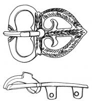 PLB-5163 - Plaque-boucle rigidebronzeTPQ : 575 - TAQ : 625Plaque-boucle non articulée, à boucle presque réniforme, encochée pour le repos d'ardillon ; la plaque est cordiforme circulaire, avec un décor d'ajours dégageant deux crosses repliées vers l'intérieur, dans un bandeau circulaire guilloché ; au revers, bélières coulées pour la fixation sur la ceinture.