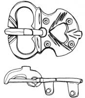 PLB-5166 - Plaque-boucle rigidebronzeTPQ : 610 - TAQ : 690Plaque-boucle non articulée, à boucle ovale étroite, encochée pour le repos d'ardillon ; la plaque, de taille modeste et étranglée au niveau de l'articulation de l'ardillon, à extrémité arrondie, est ajourée (décor d'incisions et cercles oculés) ; au revers, bélières coulées pour la fixation sur la ceinture.