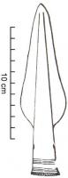 PTL-1004 - Pointe de lance à douille communebronzeTPQ : -1300 - TAQ : -750Pointe de lance de taille moyenne (longueur totale comprise entre 12 et 20 cm) à douille commune, plus ou moins conique, décorée le plus souvent par des séries d'incisions horizontales, parfois associées à des incisions obliques, triangles en dents de loup.