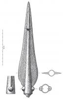PTL-1027 - Pointe de lance à douille courte : type parisienbronzeTPQ : -1100 - TAQ : -900Pointe de lance d'une grande longueur, inornée. à ailerons bien développés en partie proximale. La partie libre de la douille est courte. Les trous de rivet circulaires, contiennent souvent les rivets.