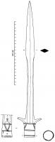 PTL-5006 - Pointe de lance ferTPQ : 600 - TAQ : 700Douille pourvue de deux crochets de section carrée et d'un rivet pour le maintien de la hampe, ornée de cercles et de chevrons gravés ; la tige massive de section octogonale est prolongée par une pointe effilée losangique.